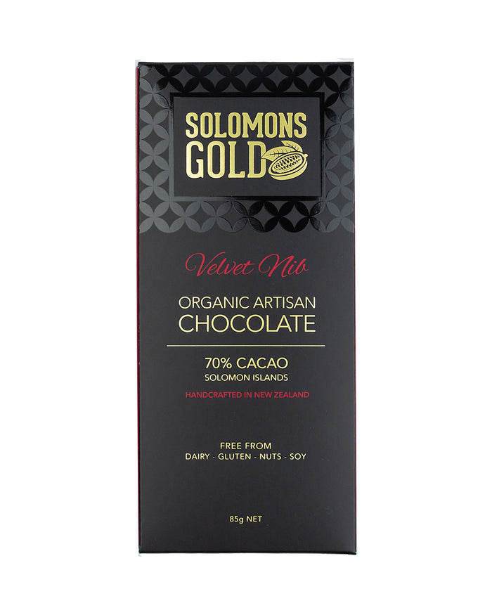 Image of Solomons Gold Dark Velvet Chocolate. 70% Organic Artisan Dark Chocolate. Handcrafted in New Zealand. Free from Dairy, Gluten, Nuts and Soy. Single-Origin Solomon Islands.